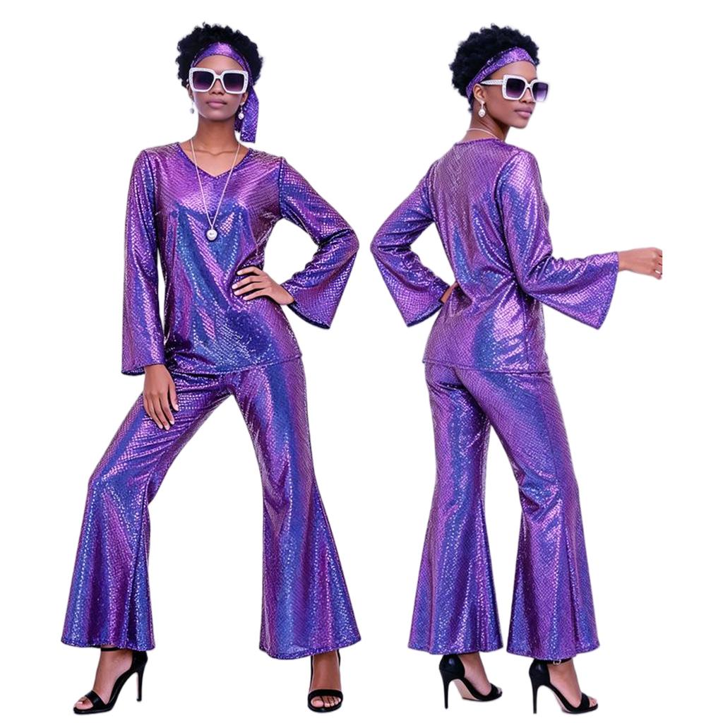 Women's 70s Retro Costume for Halloween Party Shiny Hippie Dress