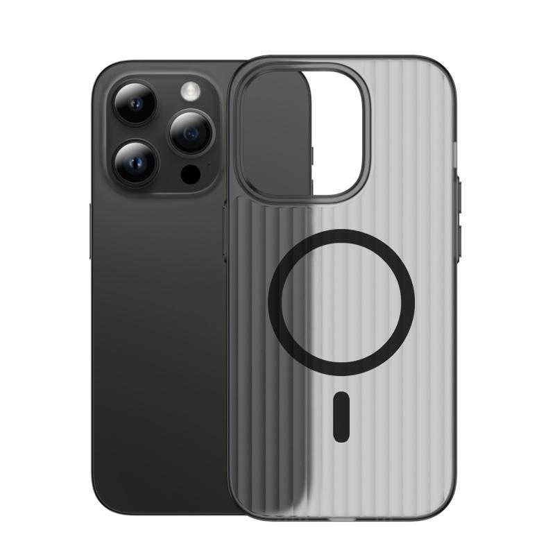

Полупрозрачный матовый магнитный чехол Magfit для IPhone 14 Pro Max/14 Pro/14/13 Pro Max/iphone 15promax с гофрированной линией, анти-желтый магнитный противоударный чехол iPhone 15promax чёрный