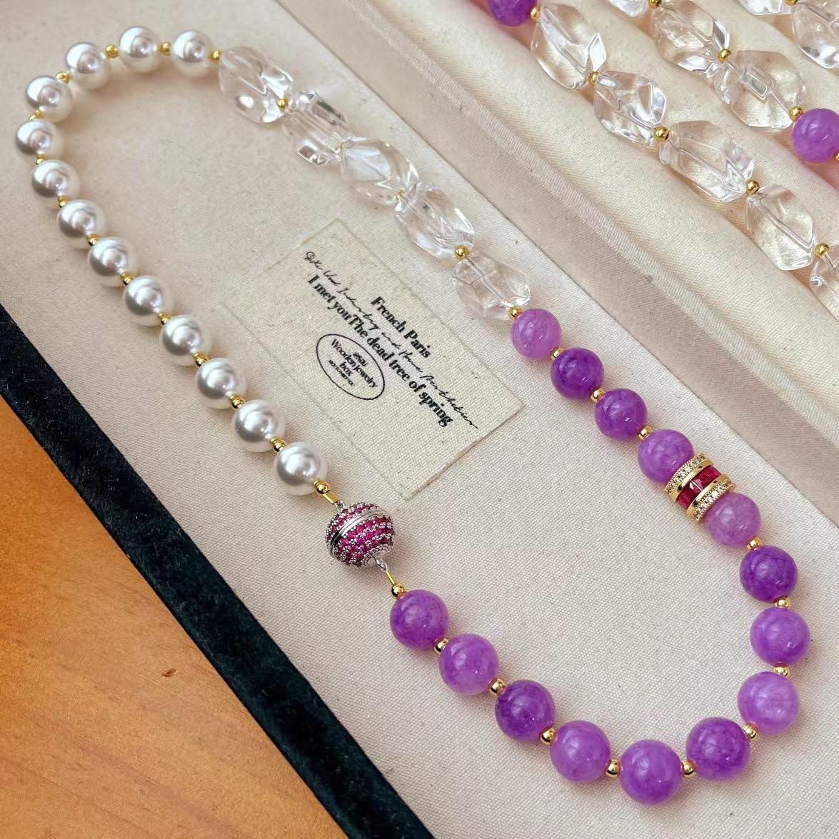 

Vintage High-Texture Natural White Crystal Artificial Imitation Australian White Pearl Purple Quartzite Necklace Collarbone Chain