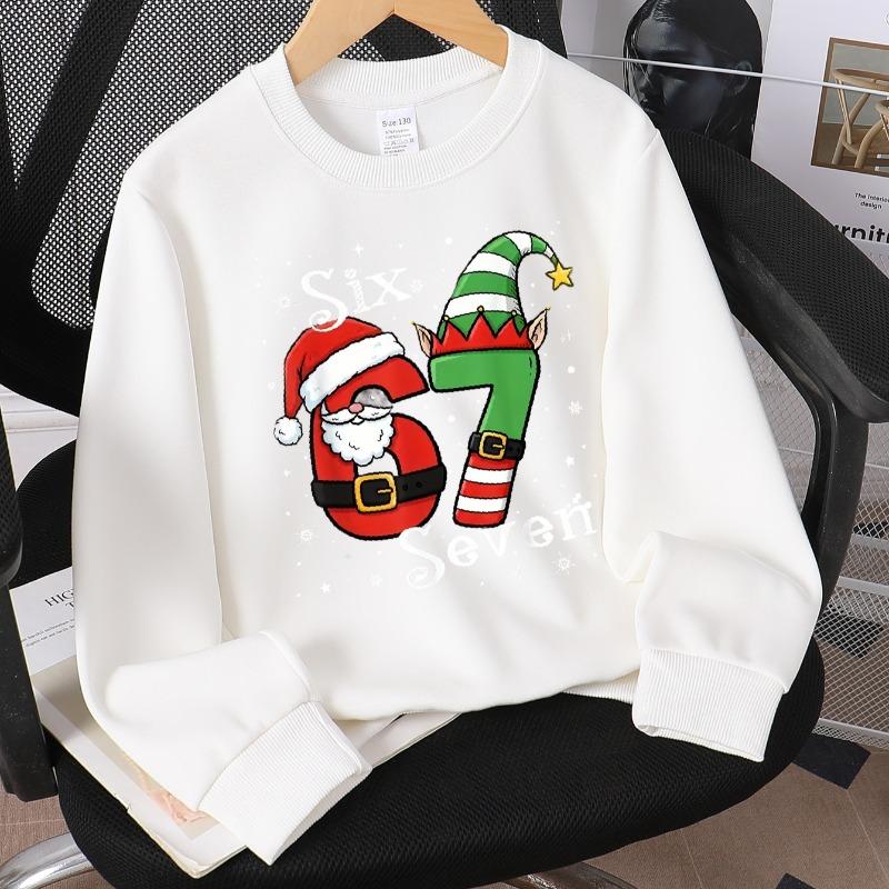 Kids Fashion Crewneck Sweatshirt, Six‑Seven Santa Elf Christmas Numbers Print,Casual Sportswear for Spring & Autumn