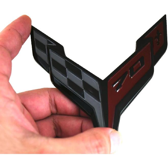 1pc C8 Stingray Front 70th Anniversary Bumper Flags Emblem Replacement for + Corvette Hood (Black Red)