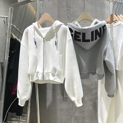 Ladies Hooded Drawstring Sweatshirt Thin Section Loose Short Printed Cardigan Sweater Jacket Tops