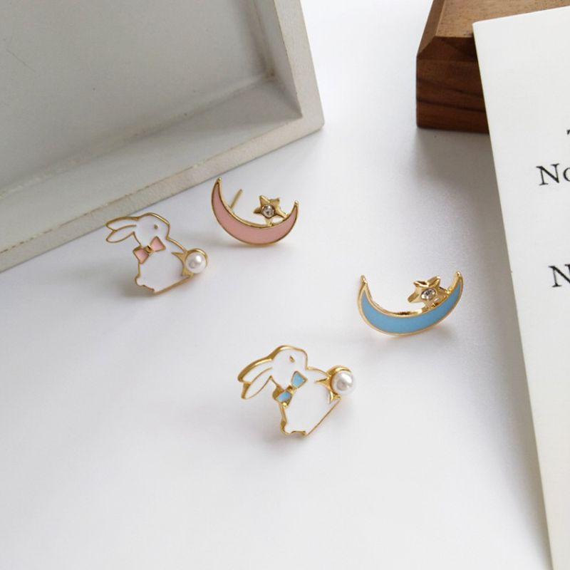 New Fashion Moon Rabbit Pearl Small Stud Earrings for Women Cute Animal Cat Moon Asymmetrical Earring Party Jewelry Gifts