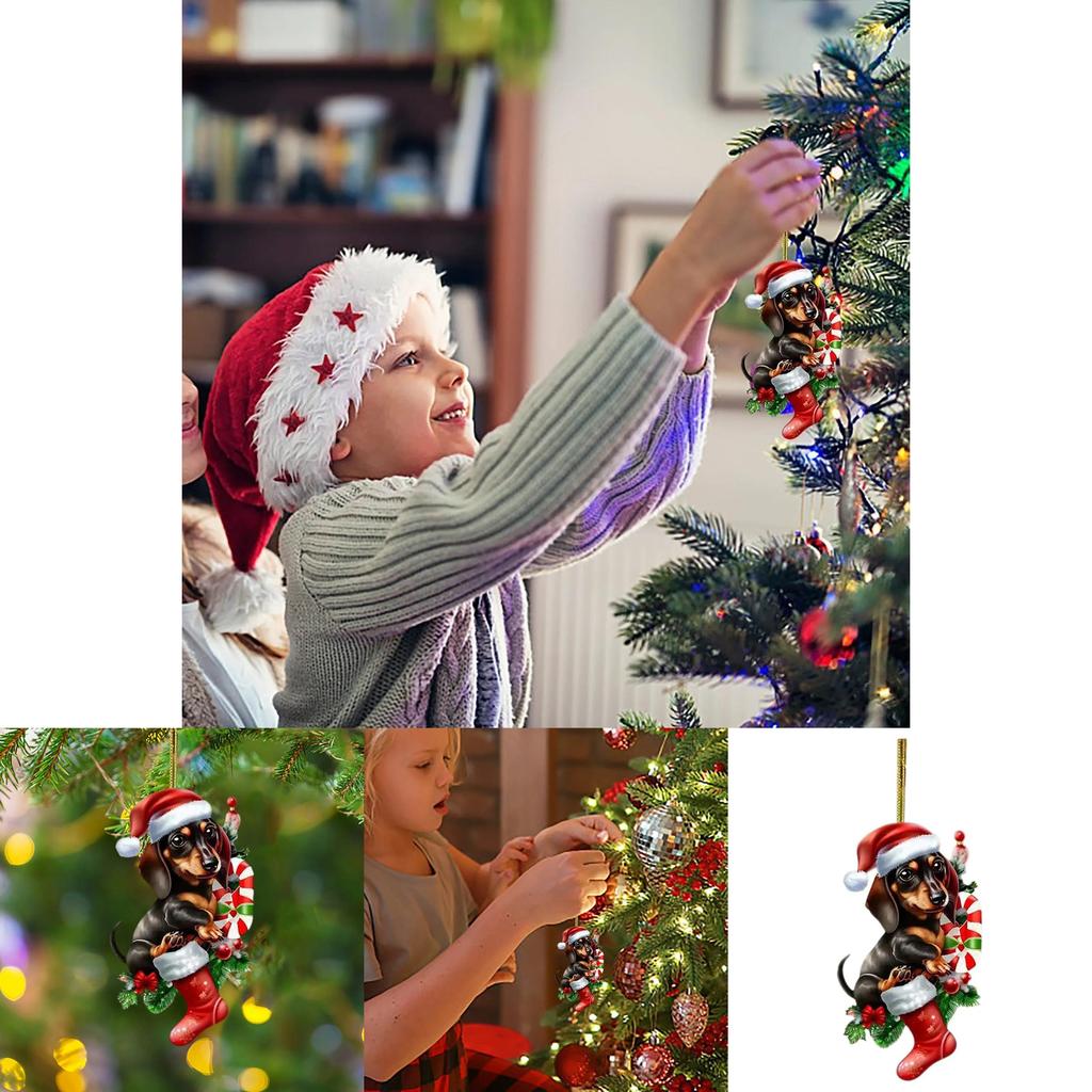 Acrylic Christmas Dachshund Car Pendant With Cute Cartoon Style For Auto Interior Decor