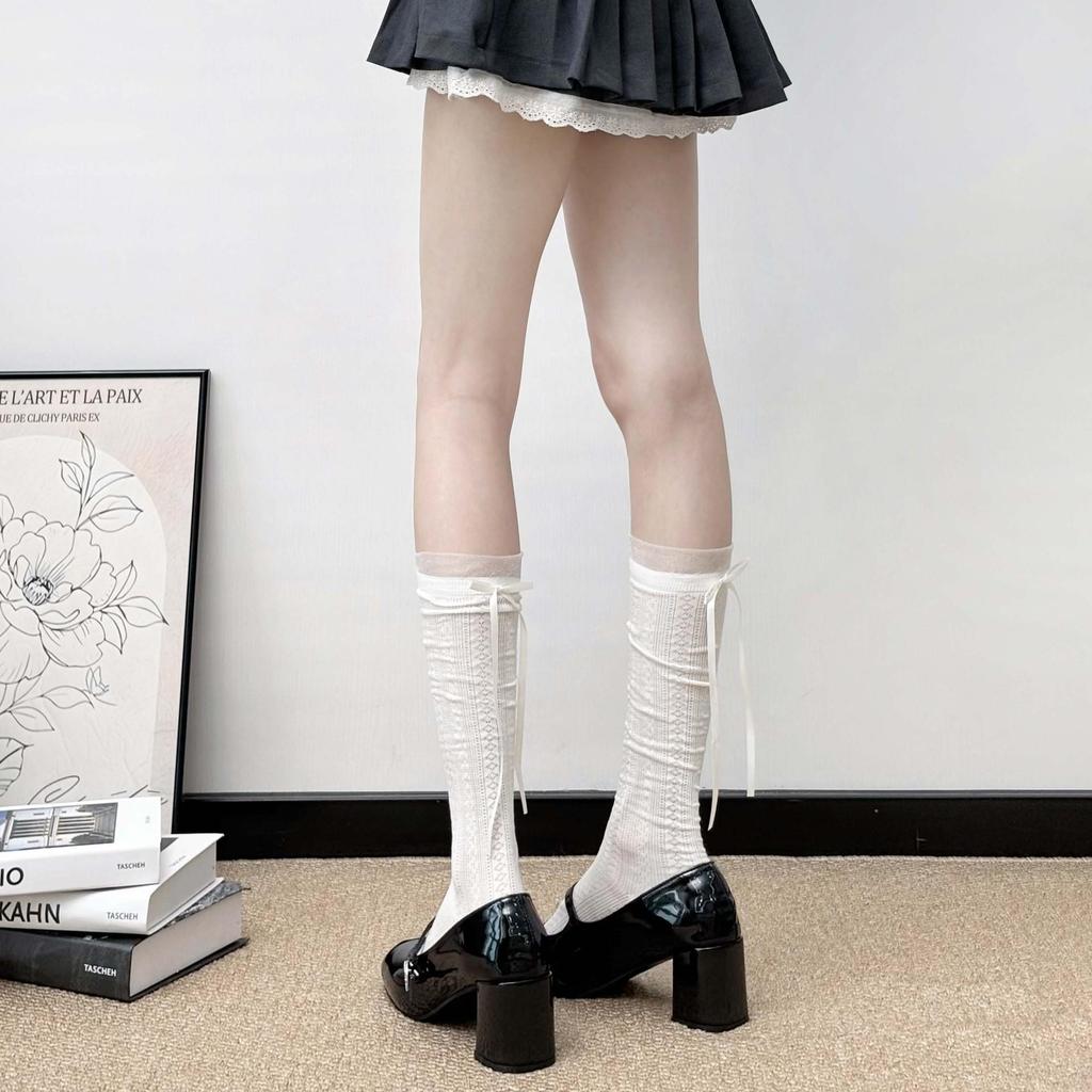 Lolita Lace Frill Mid-Calf Socks with Bow Ribbon - White Ballet Style JK Knee-Highs for Spring & Autumn