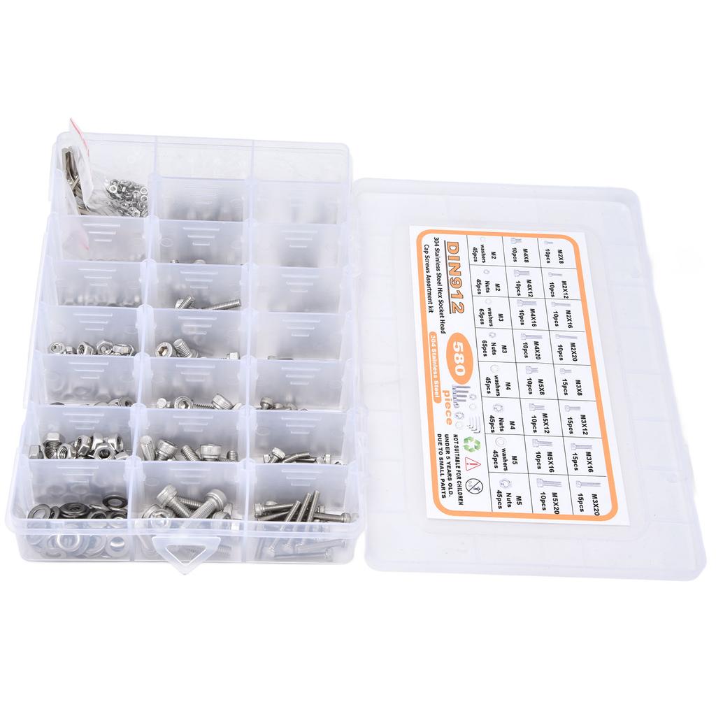 580Pcs Screws Nuts Washers Kit 304 Stainless Steel Cylindrical Head Hex Socket Screws for Home