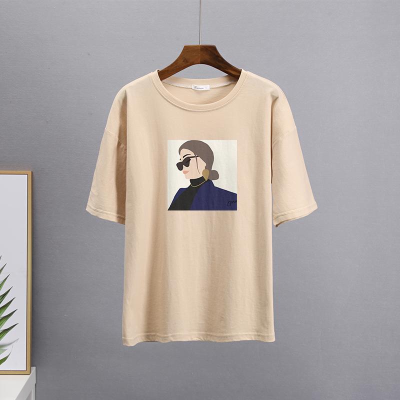 Hirsionsan Elegant Character Printed T Shirt Women Summer Chic Casual Tees Cotton Jumper Clothes Oversized Pullover Female Tops