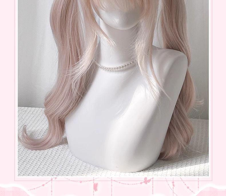 Dámská Lolita dlouhá kudrnatá paruka v barvě Mist Pink Gold s dvojitými culíky
