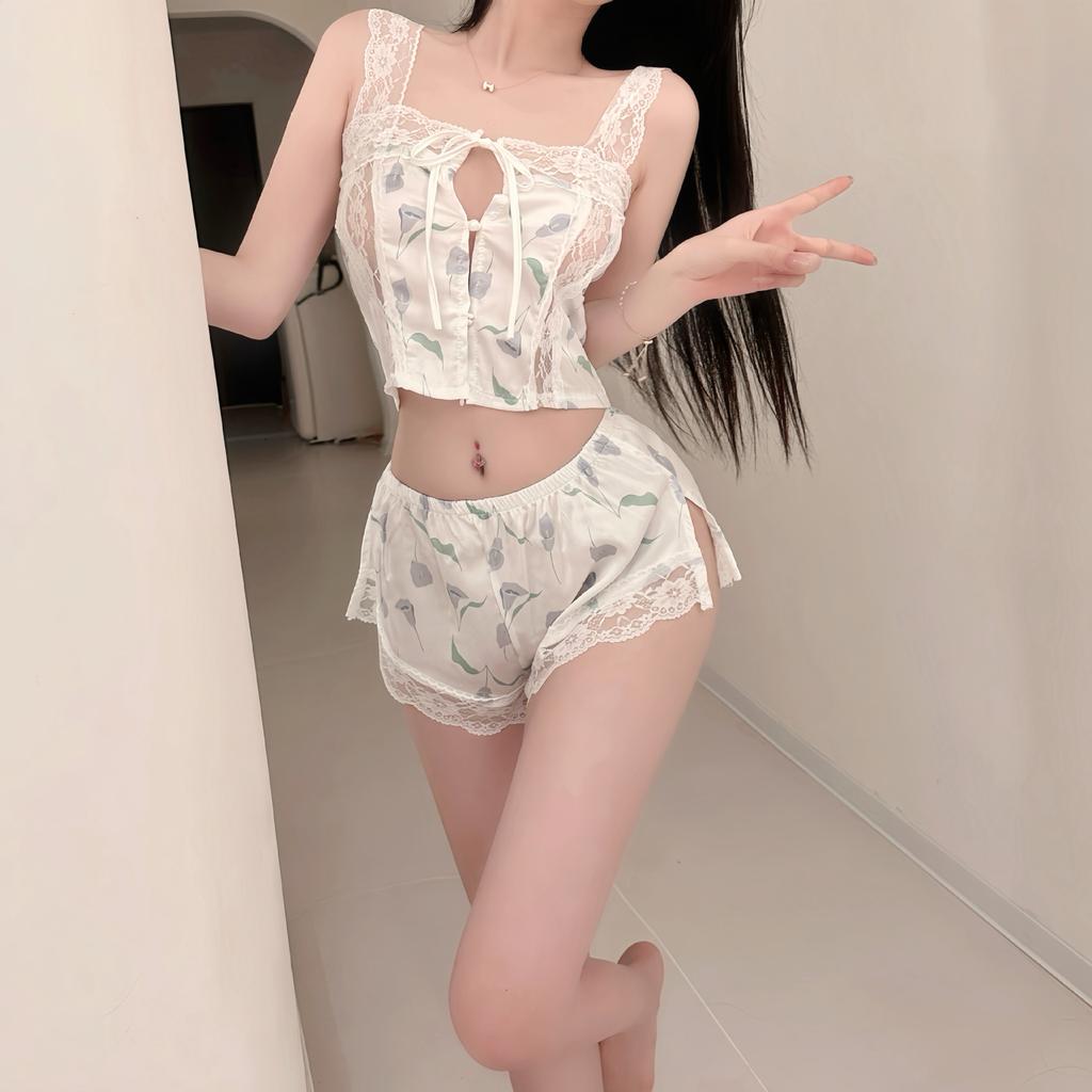 Crispy Sexy Sweet and Spicy Women's Summer Ice Silk Thin Pure Desire Suspender Shorts Two-piece Set Lace Temptation Set