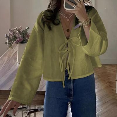 Damenmode, lässig, Frühling und Herbst, einfarbig, langärmelig, V-Ausschnitt, Blusen und Hemden