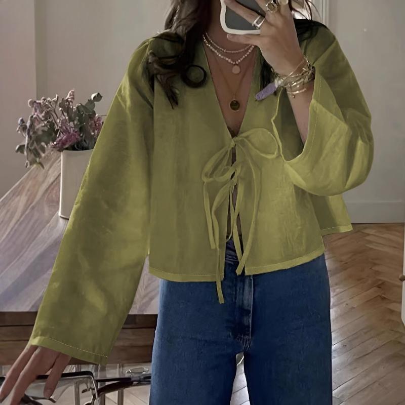 Dámská móda Ležérní jaro podzimní jednobarevné halenky a košile s dlouhým rukávem a výstřihem do V