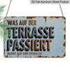 2D Flat, 1pc Vintage German Quote Wall Sign - Rustic Aluminium Board with "Was Auf Der Terrasse Passiert" Phrase, Wood Suitable for Home, Garden