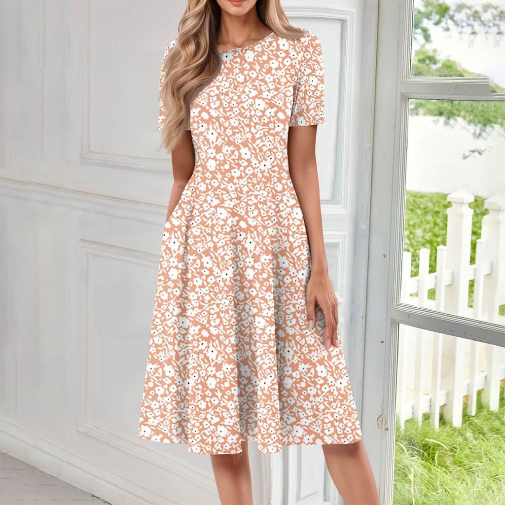 Women's Casual Fashion Round Neck Short Sleeve Floral Printed Midi Dresses