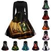 Womens Halloween Print Dress Long Sleeve Casual Round Neck Dress with Bow Waist Tie Midi Length Fit and Flare Style