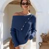 Women's Off Shoulder Long Sleeve Pullover Sweater with Loose Fit and Button