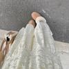 Fleece-Lined Lace Tiered Long Skirt – Cream/Black, From Korea