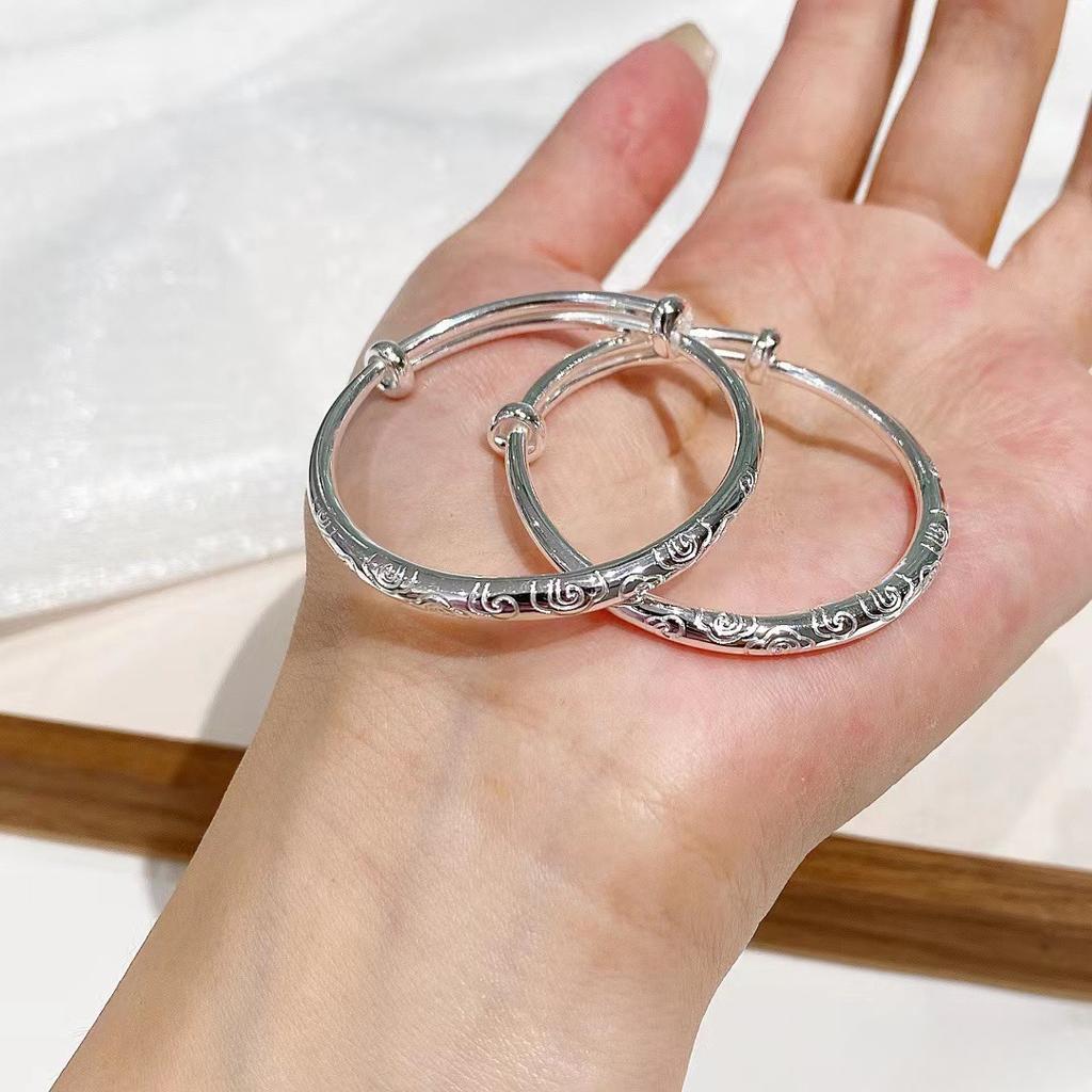 S999 Full Silver Children's Baby Bracelet Retro Auspicious Cloud Bell Hanging Accessories Push Pull Sterling Silver