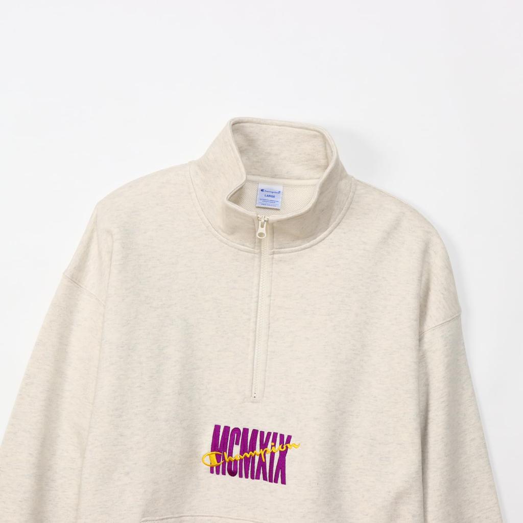 Long Graphic Half Zip Action Oatmeal [Champion] Sweatshirt, Sleeve, Fleece, Print, Sweatshirt, Style, C3-Z003 Men's