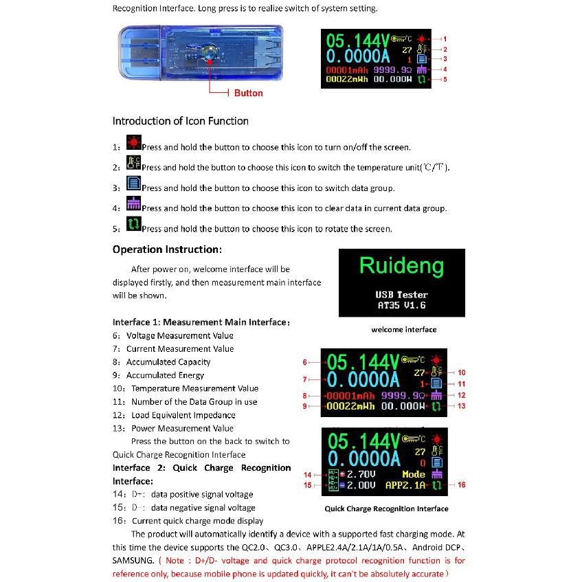 AT35 5 digits USB 3.0 color LCD Voltmeter ammeter voltage current meter multimeter battery charge power bank USB Display Tester