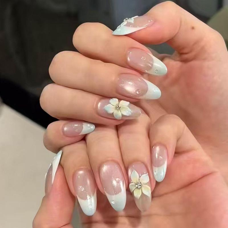 

30-Piece Set: White French Short Almond Nail Tips with 3D Floral Design and Rhinestone Accents