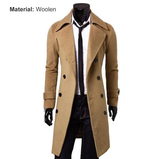 Long Trench Coat Double-breasted Solid Color Autumn Winter Windproof Thick Jacket for Daily Wear