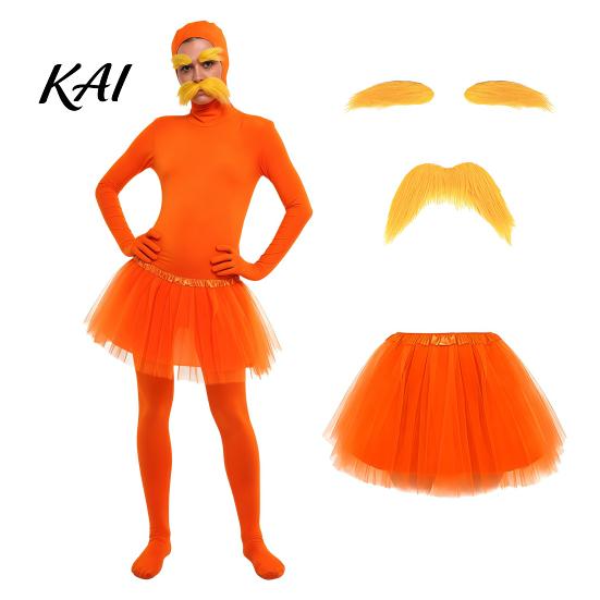 Adults Spandex Unitard Orange Full Bodysuit, with Tulle Skirt, Fake Belly, Yellow Mustache & Eyebrows, Solid Color Costume Open Face Zentai