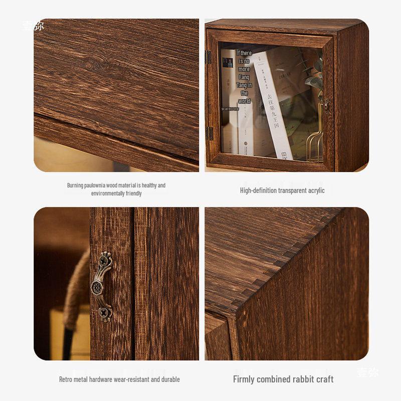 Solid Wood Tea Cup & Teapot Display Cabinet with Dustproof Storage Shelves and Mortise & Tenon Design