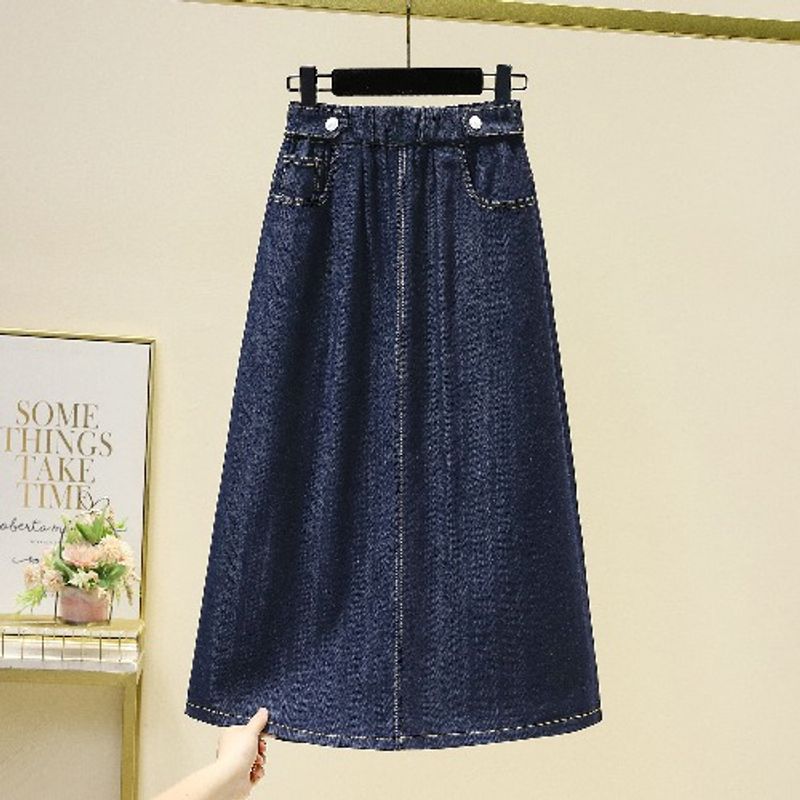 

Модный стиль Женская одежда больших размеров Женская эластичная юбка А-силуэта с высокой талией, свободная, тянущаяся, средней длины, джинсовая юбка XL-5XL Dark blue 5XL