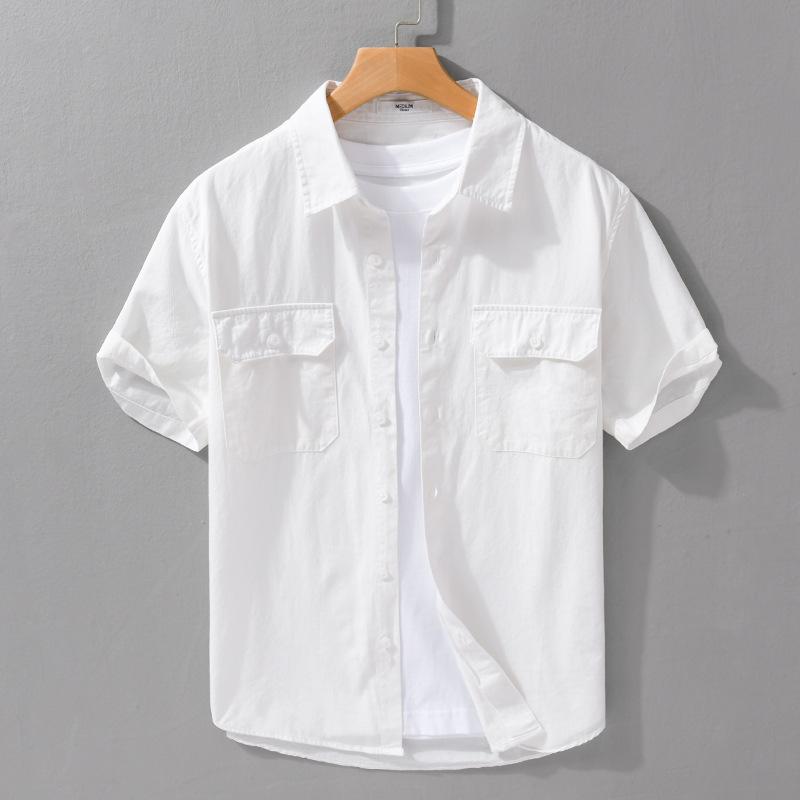 Summer Cargo Short Sleeve Shirt Men Japanese Style Workwear Men Tops Slim Fit 100cotton Casual Shirt Comfort