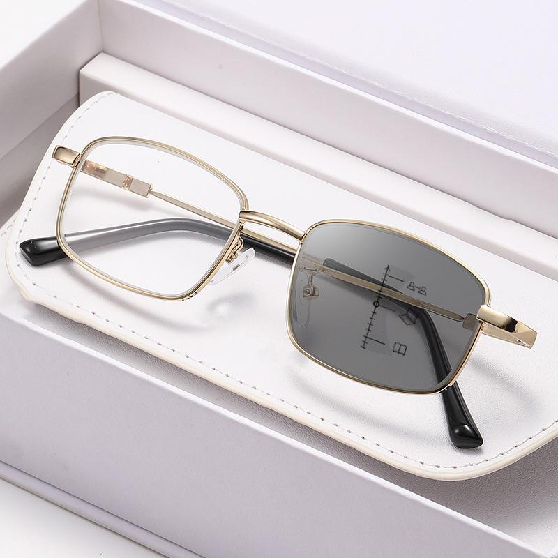 

Photochromic Multifocal Presbyopia Glasses Metal Square-Frame Multifunctional Business Reading Glasses for Near and Far Vision 0 золотой