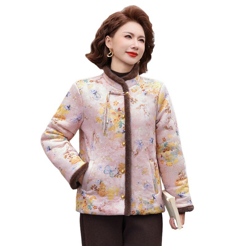 2025 New Style Winter Velvet Cotton Jacket for Middle-Aged & Elderly Women: Short, National & New Chinese Style.