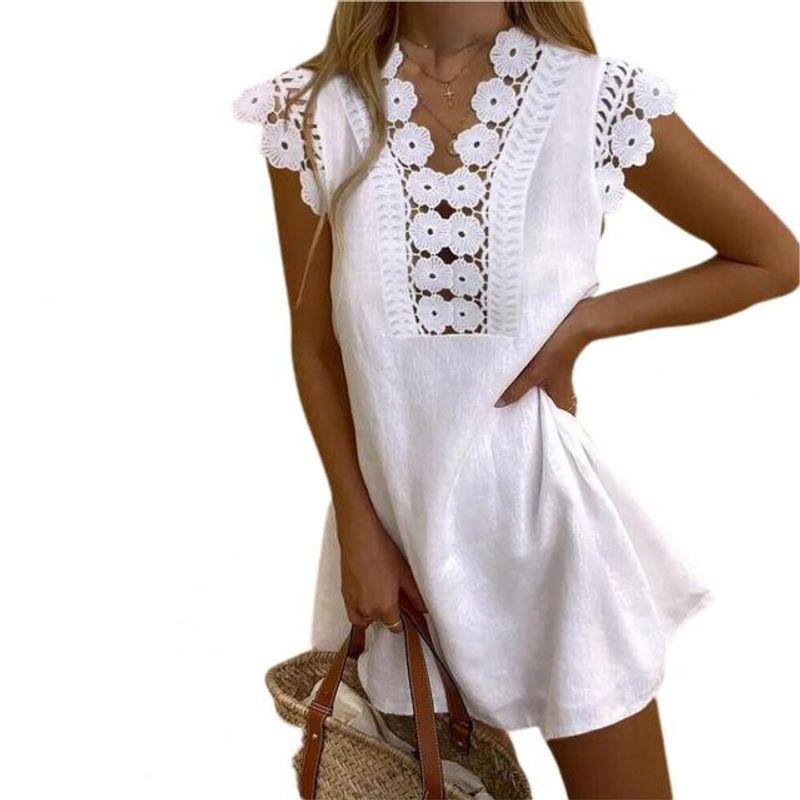 

Summer Cool Solid Lace Dress Women Summer Cool Pure Color Lace Dress Women WHITE 2XL