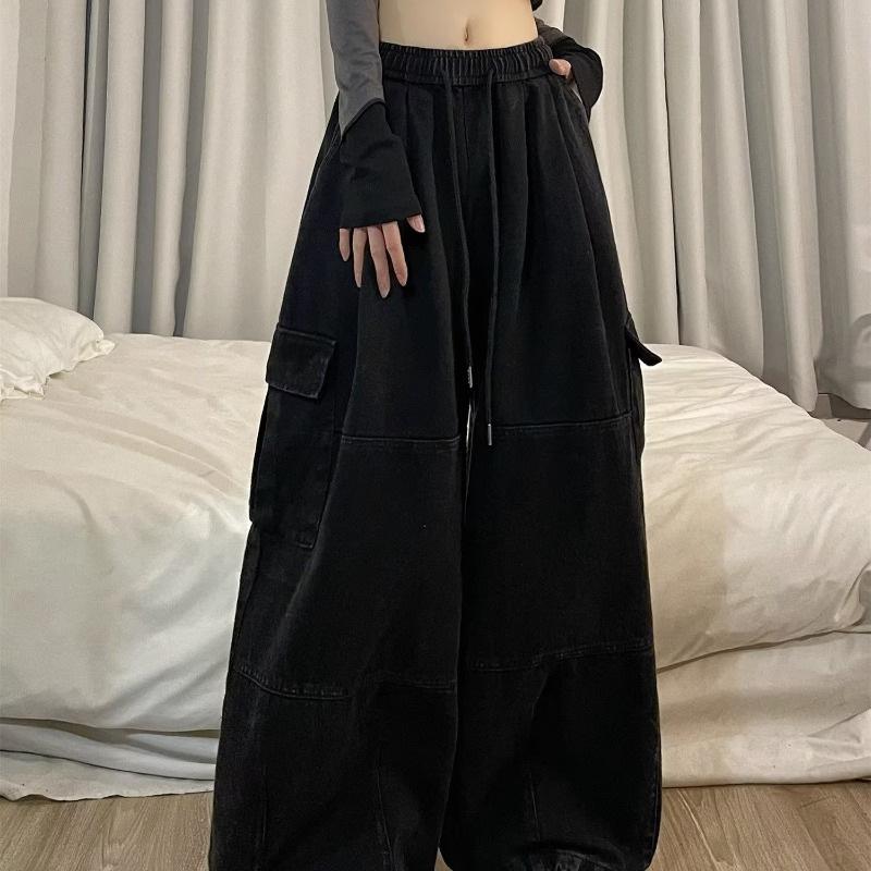 Y2K Modne Spodnie Jeansowe Z Sznurkiem Dorywczo Baggy Cargo Damskie Proste Szerokie Nogawki Spodnie Dresowe