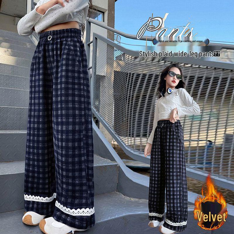 Girls' Plus Velvet Plaid Wide-Leg Pants - Warm, Stylish, and Loose Fitting for Autumn/Winter.