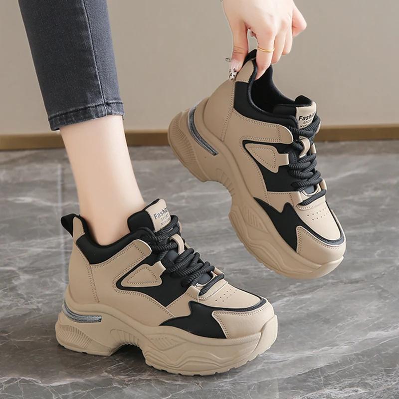 Mode Plateau Damen Sport Sneaker Schnürschuhe Dicke Sohle Vulkanisierte Schuhe Frau Frühling Herbst PU Leder Atmungsaktiv Klobige Laufschuhe