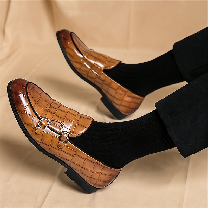 Britain New Pointed Double Buckle Monk Strap Leather Shoes for Men Casual Loafers Formal Dress Footwear Sapatos Tenis Masculino