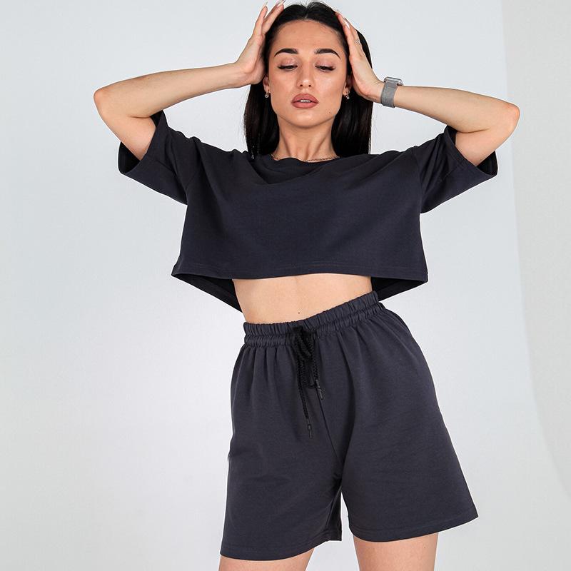 2025 Women's Spring/Summer Solid Color Casual Crop Top & Drawstring Shorts Set