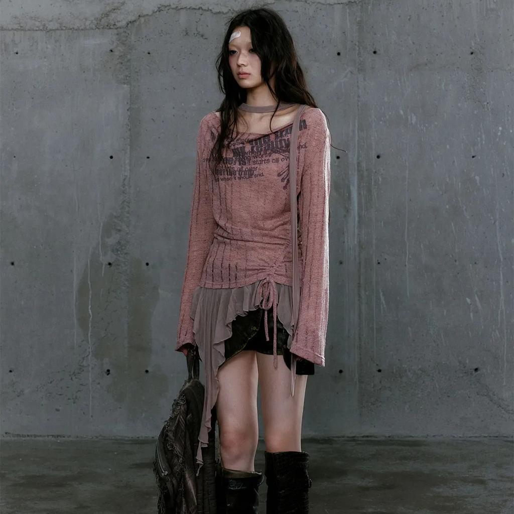 2KWEIRD Grunge Aesthetics Knitted Tops Trashy Y2k Graffiti Print T-shirt Vintage Punk Irregular Patchwork Knitwear High Street