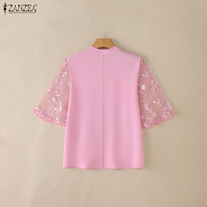 ZANZEA Women Elegant Lace Splice Half Sleeve Summer Casual Stand Collar Blouse