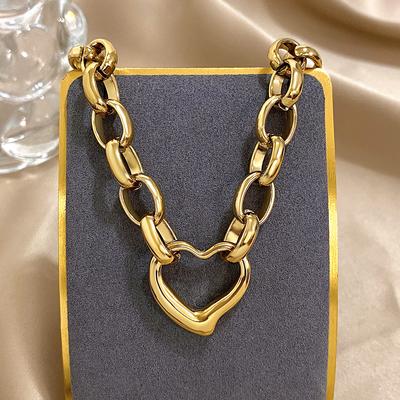 Collier Pendentif Cœur Creux Irrégulier en Acier Inoxydable Doré pour Femmes Tendance Métal Chaîne Épaisse Collier Chaîne Pull Zircon