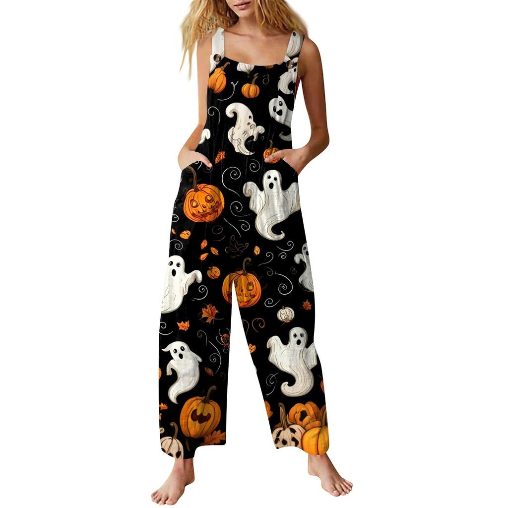 Women Sleeveless Jumpsuit Halloween Print Cotton Casual Loose Fit Wide Leg Romper Pocketed Overall Pants