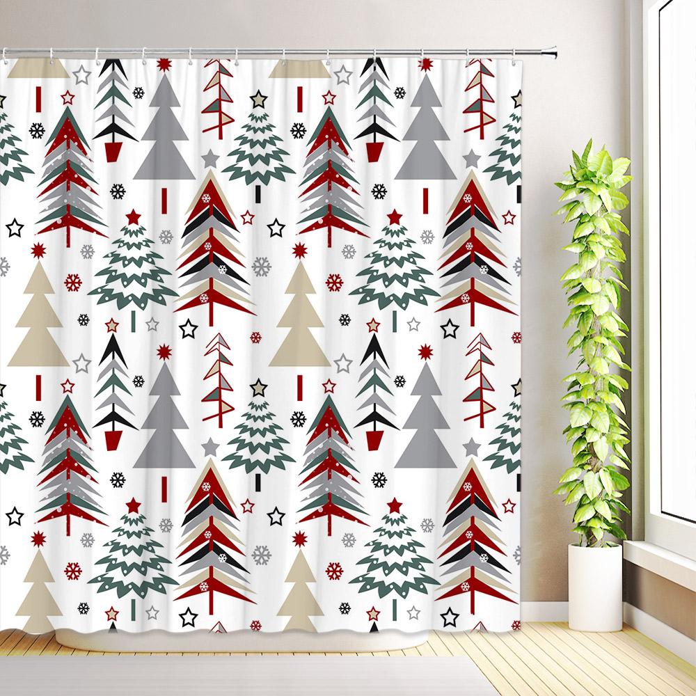 Merry Christmas Shower Curtain Xmas Tree Winter Snowflake Star Pine New Year Bath Curtains Fabric Bathroom Decor with Hooks