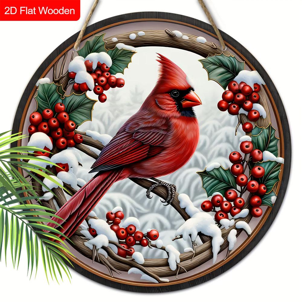 

Классическая деревянная рождественская табличка «Кардинал» - Круглая табличка «Навидад» для входной двери, настенный декор - Идеальное рождественское украшение 20cm/7.87in красный