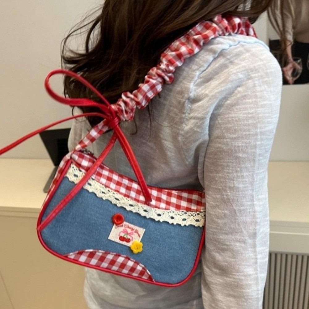 Leisure Lattice Shoulder Bag Rural Style Crossbody Bag Sweet Denim Underarm Bag Travel