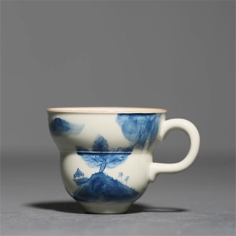 Blue and White Landscape Ceramic Teacup with Handle