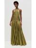 European and American Women's Metallic Pleated Slit Halter Dress 8155 - Sleeveless & Backless