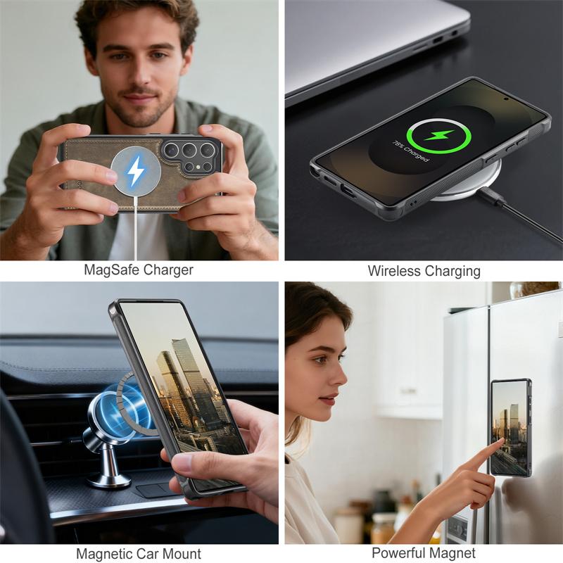 Magsafe Magnetic Flip Leather Phone Case for Samsung Galaxy S25 Ultra S25 Edge S24 FE S24 Plus Wireless Charging Wallet Card Back Cover Etui