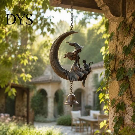 Wiccan Room Accessories Witch Moon Wind Chime, Gothic Crescent with Black Cat Hanging Bell, Garden Ornaments Mystical Decor for Porch Patio
