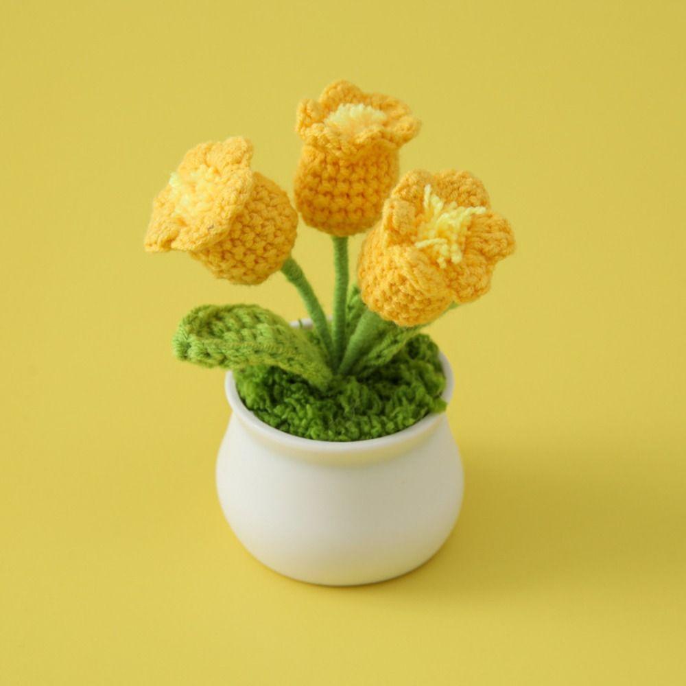 Finished Orchid Flower Crochet Flowers Pots Handmade Woven Flower Potted  Home Desktop Decor