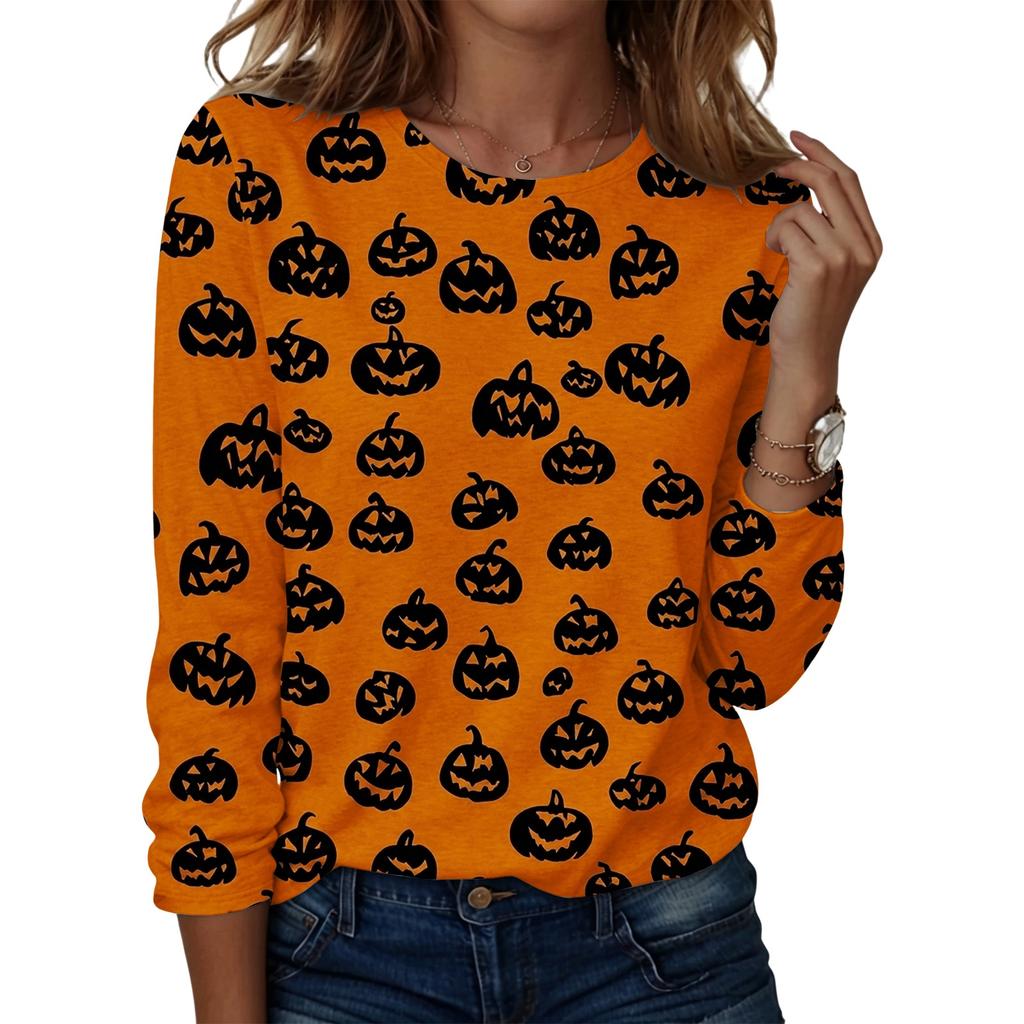 Women's Casual Long Sleeve Round Neck Top with Halloween Print for Party